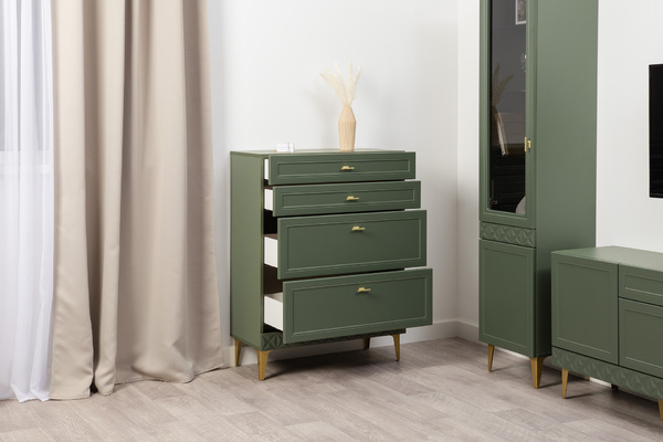 Комод Марион 16.249 дымчатый зеленый K521, олива шагрень AG 1050 ПВХ, белый PE шагрень