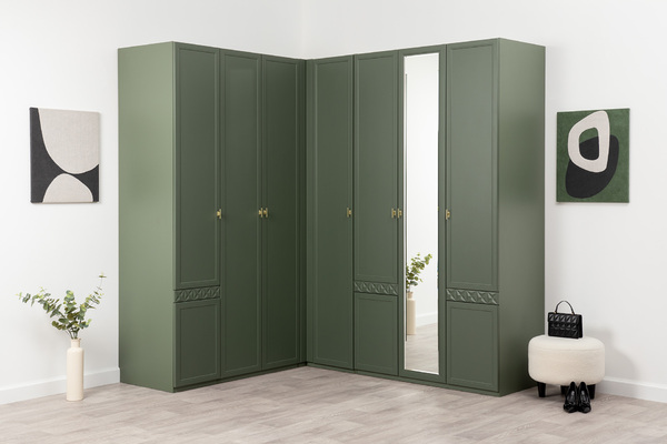 Шкаф для одежды Марион 16.340.03 дымчатый зеленый K521, олива шагрень AG 1050 ПВХ (собирается на любую сторону)