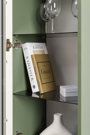 Шкаф-витрина Марион 16.397.01 дымчатый зеленый K521, олива шагрень AG 1050 ПВХ (собирается на любую сторону)