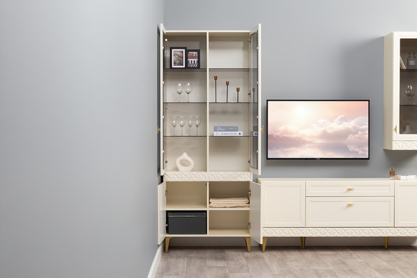 Гостиная Марион композиция 1 слоновая кость С341 PE, слоновая кость 6898 ПВХ, белый PE шагрень (собирается на любую сторону)