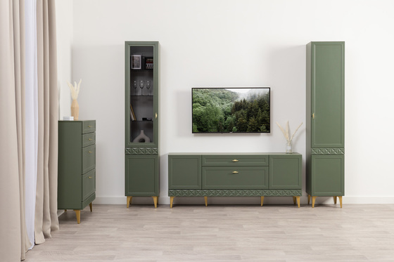 Гостиная Марион композиция 1 дымчатый зеленый K521, олива шагрень AG 1050 ПВХ, белый PE шагрень (собирается на любую сторону)