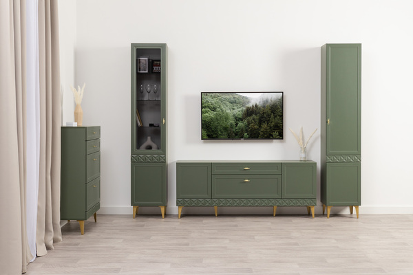 Гостиная Марион композиция 1 дымчатый зеленый K521, олива шагрень AG 1050 ПВХ, белый PE шагрень (собирается на любую сторону)