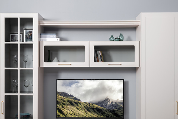 Гостиная Ричфорд композиция 1 без карнизов, кашемир 5981 BS, моно керамика D166-2 ПВХ, белый PE шагрень (собирается на любую сторону)