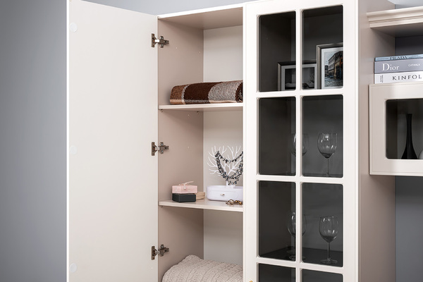 Гостиная Ричфорд композиция 1 без карнизов, кашемир 5981 BS, моно керамика D166-2 ПВХ, белый PE шагрень (собирается на любую сторону)